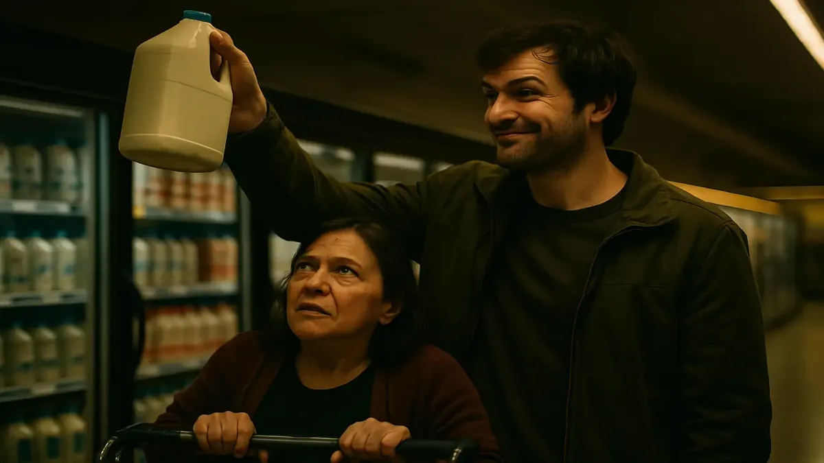 Person teasing a short shopper in a supermarket aisle, reaching for milk just out of grasp, cinematic style.
