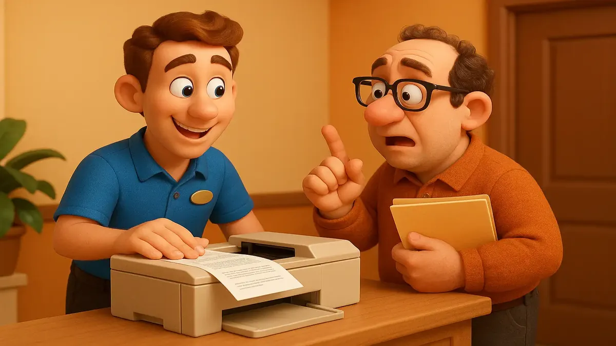Cartoon 3D scene of a rural inn lobby with a guest asking for document printing assistance.