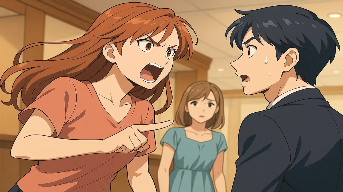 Young woman in anime style expressing frustration in a hotel lobby over reservation issues.