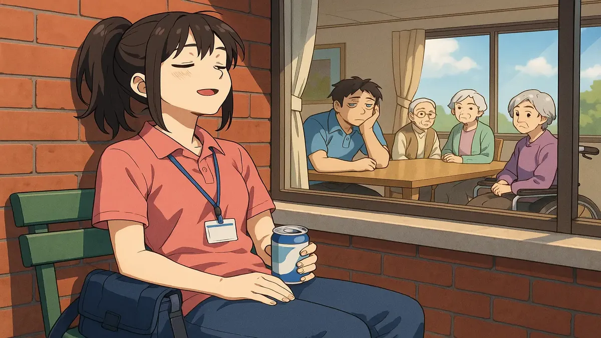 Anime illustration of a care home scene with staff and residents, highlighting teamwork and daily life challenges.