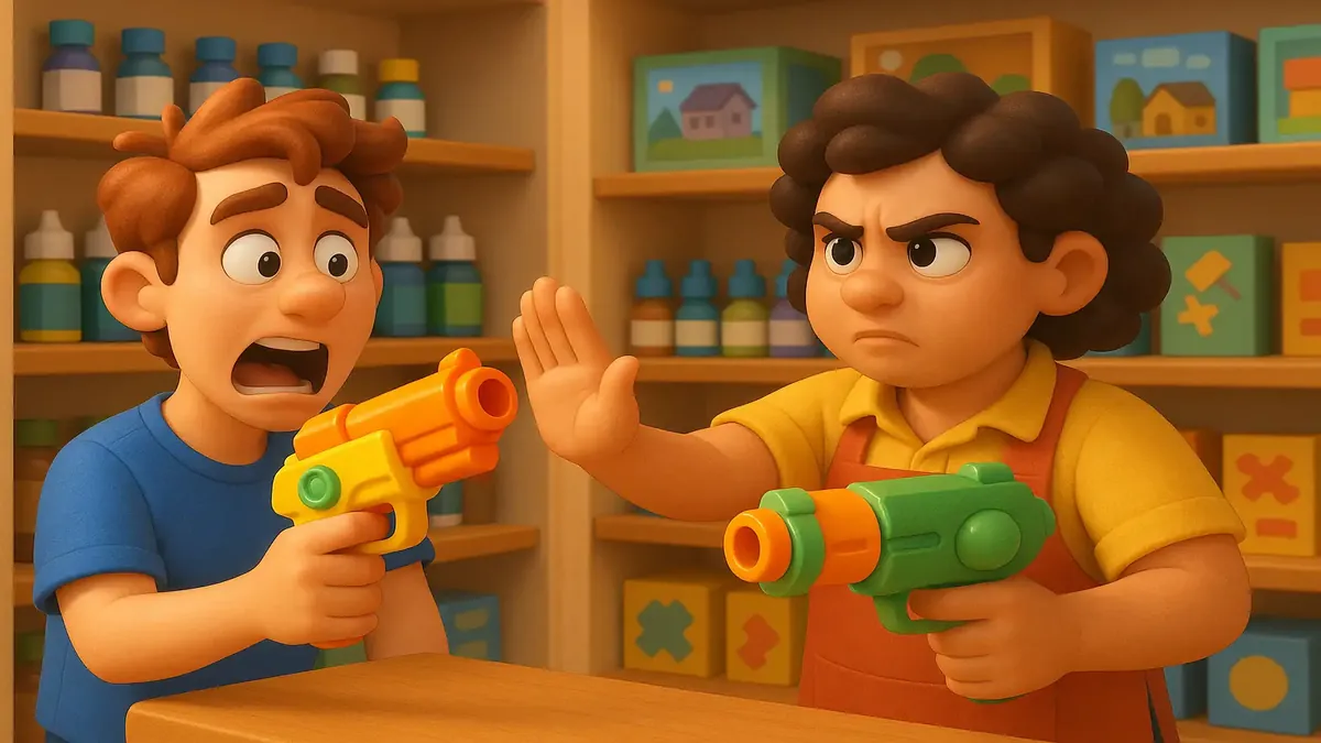 Cartoon-3D illustration of a customer with a toy gun in a hobby shop, showcasing a humorous situation.