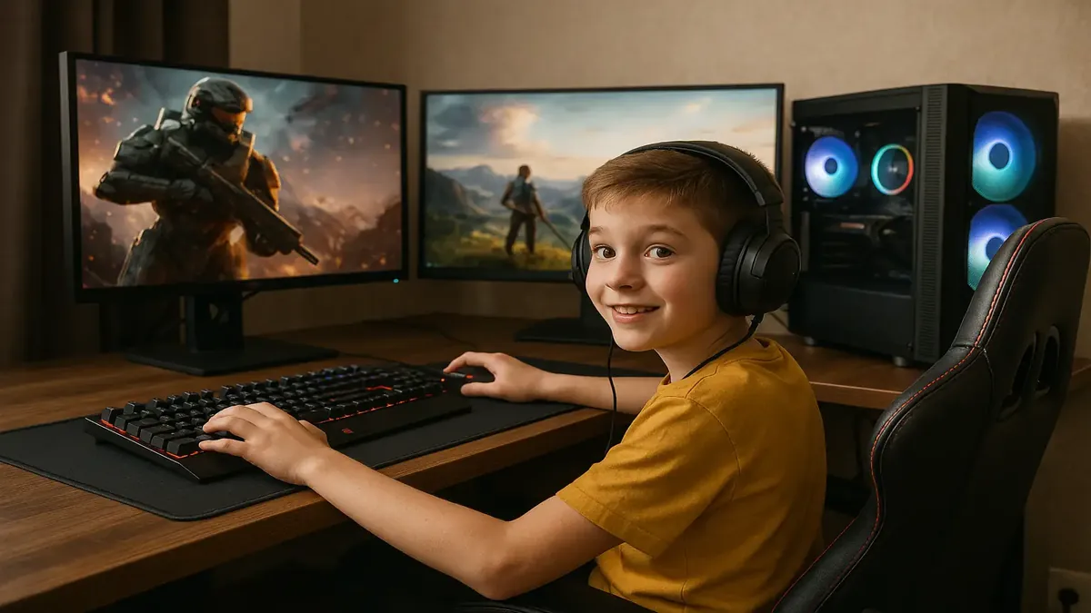 Nephew excitedly showcases his impressive gaming setup gifted by his mom's boyfriend in a cozy room.