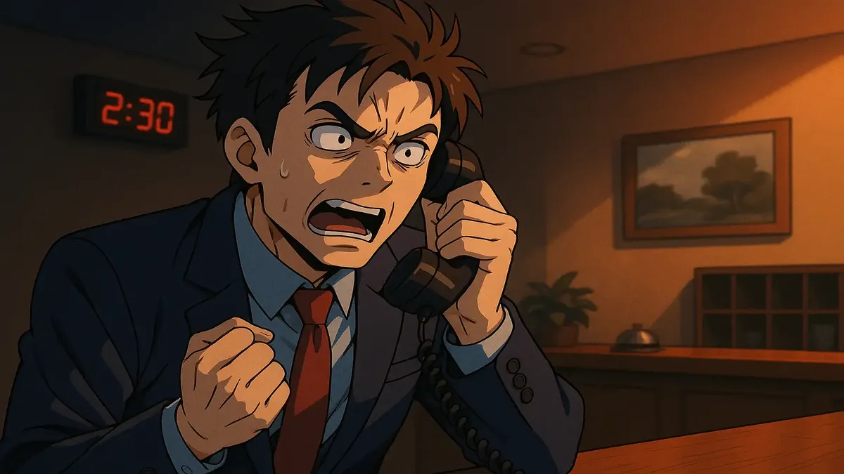 Anime-style illustration of a night auditor facing a chaotic hotel scene, highlighting a memorable experience.