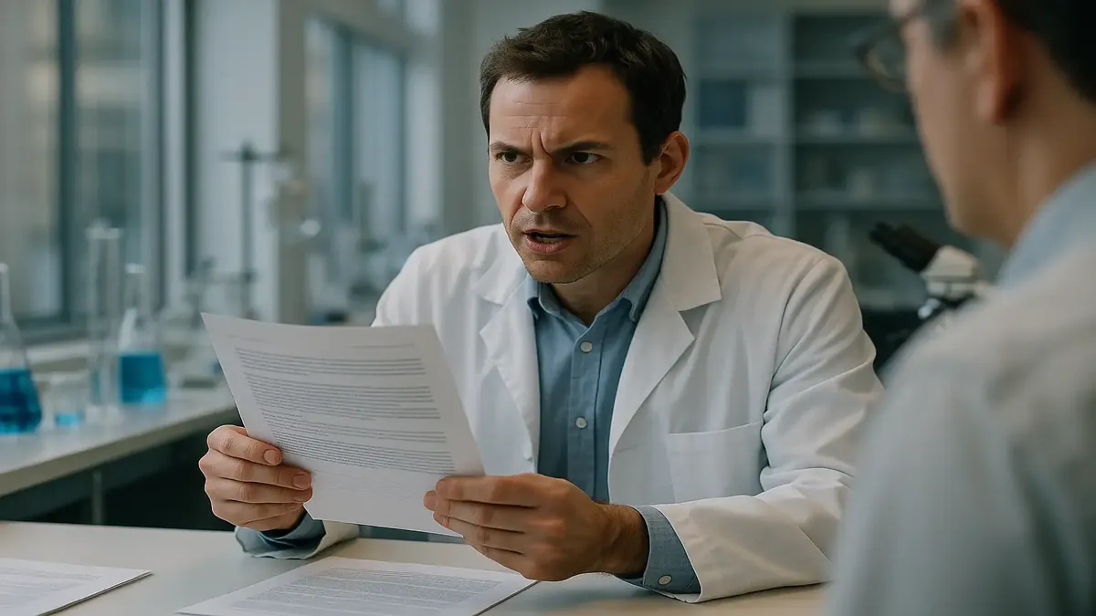 Lab technician stressed over early report deadline with testing equipment in the background.