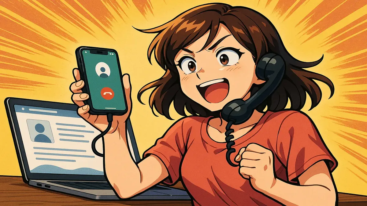 Anime illustration of a person overwhelmed by spam calls after renewing their website domain.