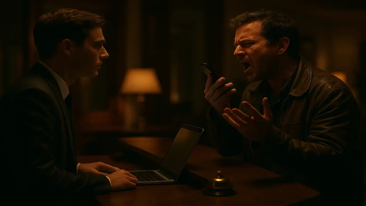Cinematic scene of a hotel reception desk with a frustrated guest on speakerphone, illustrating check-in chaos.