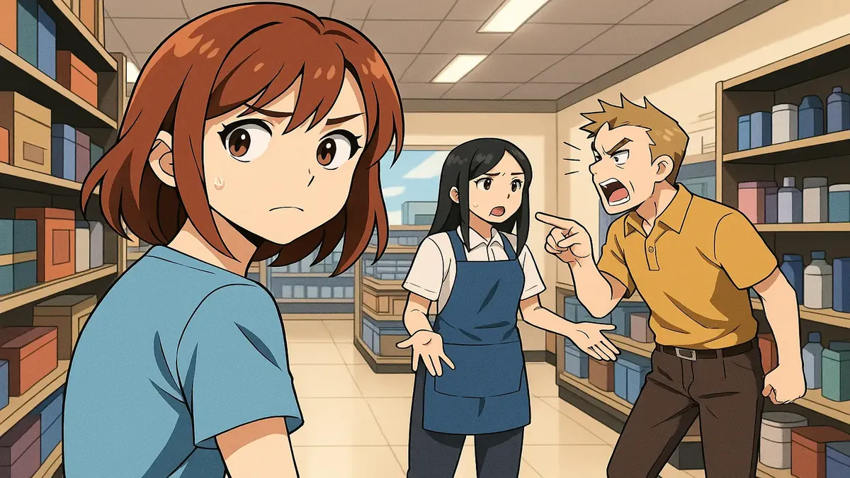 Anime illustration of a rude customer berating a store employee in an aisle, reflecting frustration over stock issues.