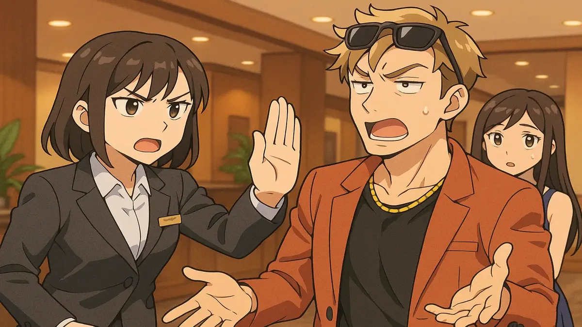 Anime illustration of a night shift worker facing a challenging situation with a difficult guest.