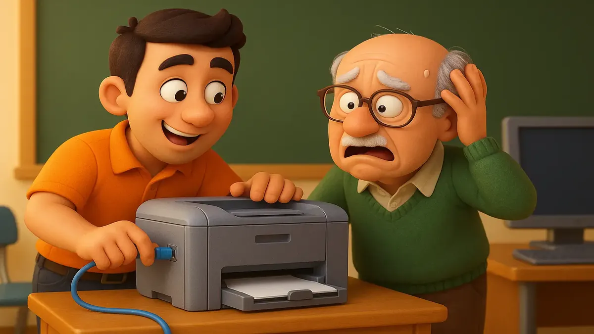 கணினி ஆசிரியர் மகிழ்ச்சியுடன் பிரிண்டர் அமைப்பை தீர்க்கும் காமிக்ஸ்-3D வரைபடம்.