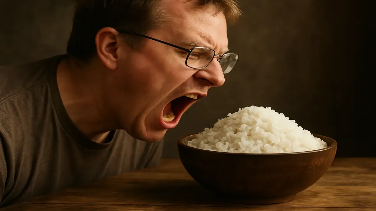 கெவின் ஒரு பாத்திரத்தில் உள்ள சாதம் பார்த்து உற்சாகமாக பதிலளிக்கிறார், அவரது வித்தியாசமான தன்மையை வெளிப்படுத்துகிறார்.