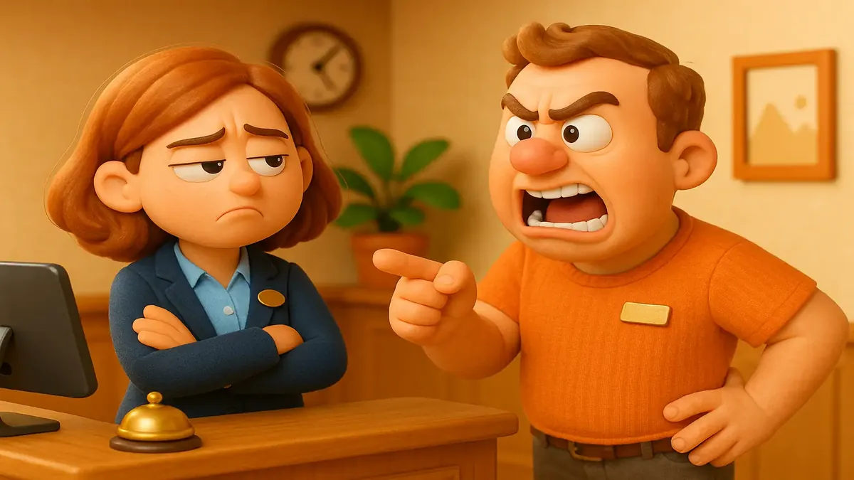 Cartoon-3D illustration of a frustrated person dealing with entitled individuals in a lobby setting.
