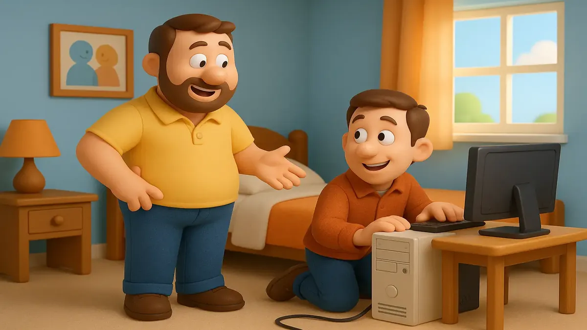ஒரு வசதியான படுக்கையறையில் கணினியை அமைக்கின்ற தொழில்நுட்ப ஆதரவாளரின் கார்டூன்-3D வரைபாடு.