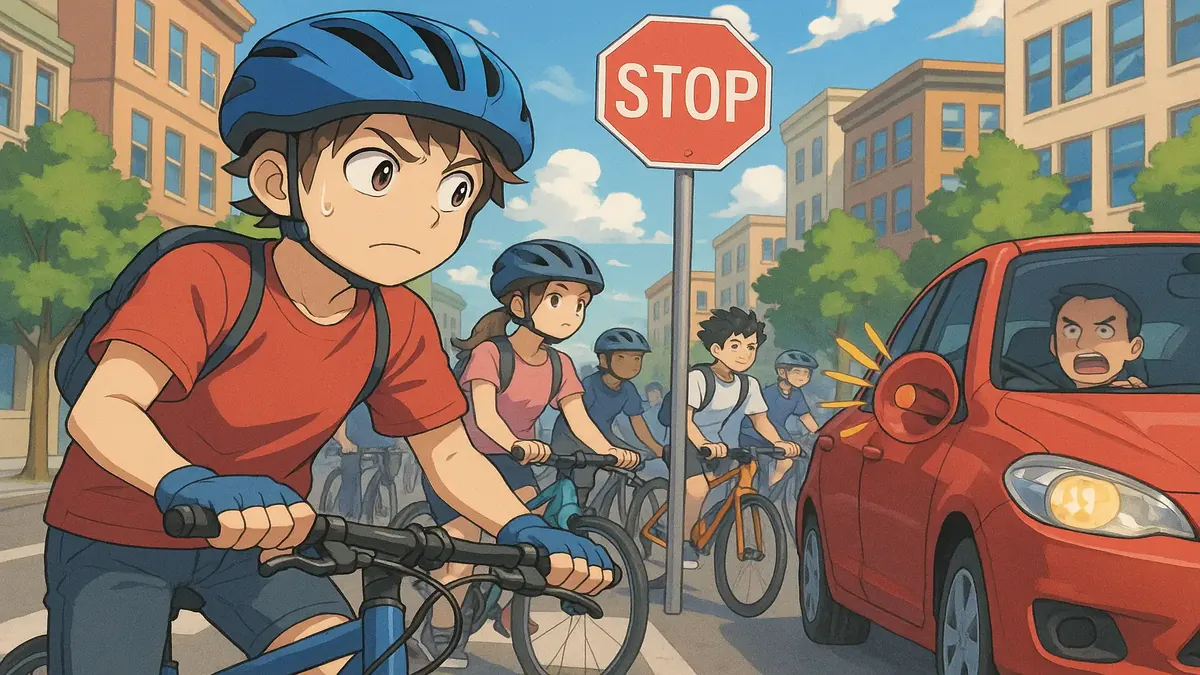 சான் பிரான்சிஸ்கோவில் போக்குவரத்து சட்டங்களுக்கு எதிராக போராட்டம் செய்யும் அனிமேஷன் பாணியில் சைக்கிள் ஓட்டுநர்கள்.