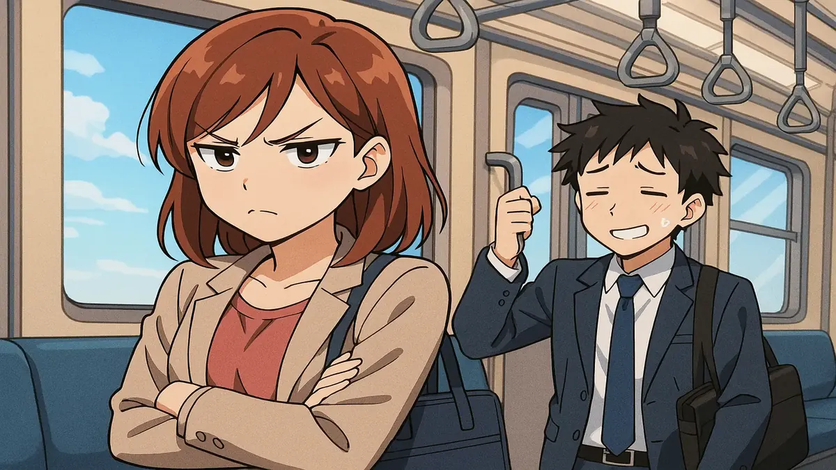 Anime-style illustration of a person commuting to work, reflecting a long journey and workplace drama.