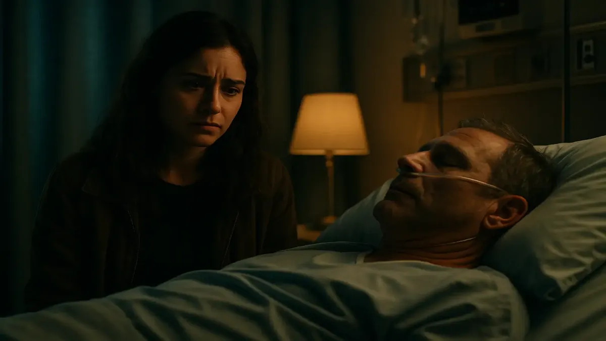 A cinematic image of a woman reflecting on family and revenge, with a hospital backdrop symbolizing turmoil.