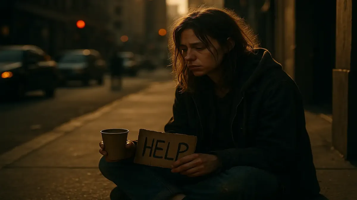 Ex begging for change on LA street, reflecting lost dreams and struggles of addiction and heartbreak.