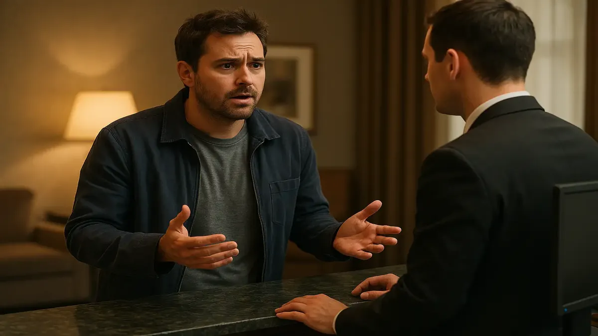 Guest at front desk reporting bathroom sink issue while hotel staff offers assistance.