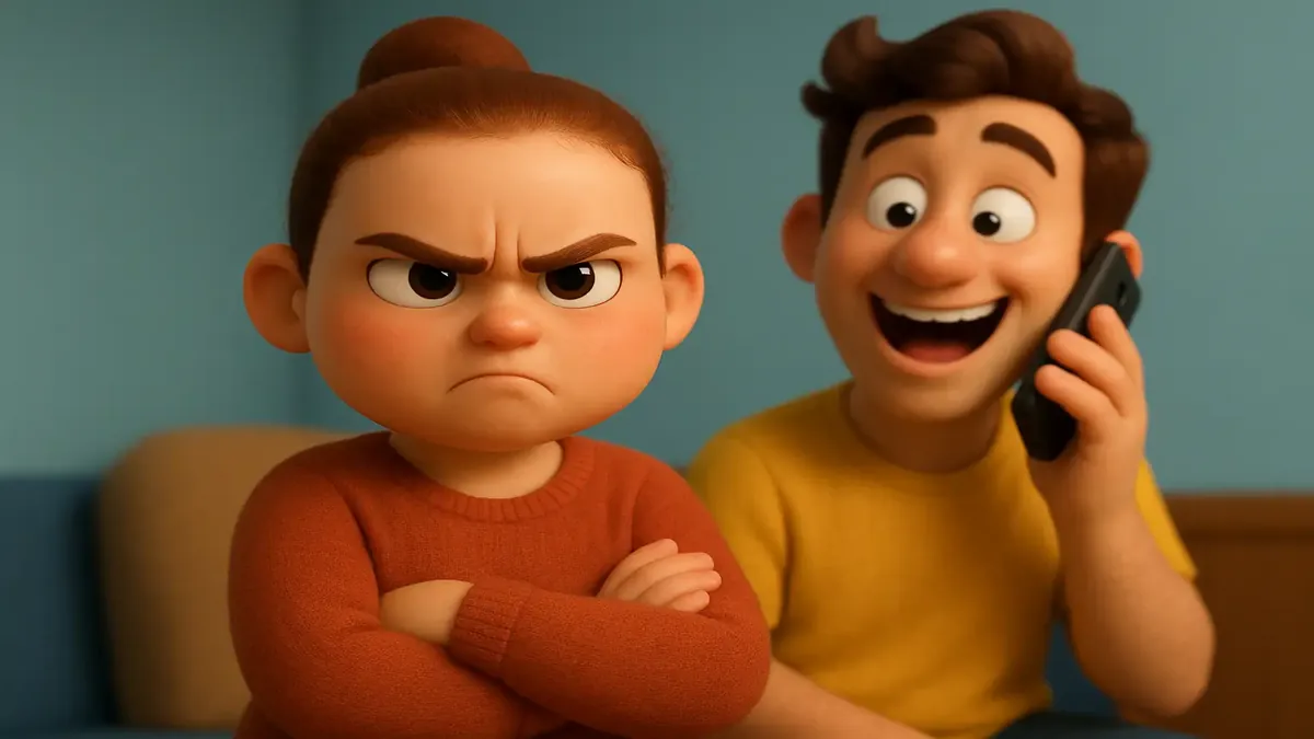 Cartoon-3D depiction of a person staring angrily at a rude individual in a public setting.