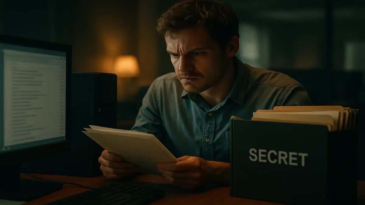 Junior tech struggling with office dynamics while adding emails to a shared folder in a cinematic style.