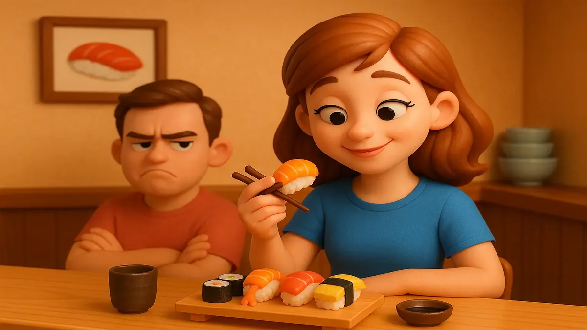 Cartoon-3D illustration of a frustrated woman at a sushi restaurant, reflecting on a date gone wrong.