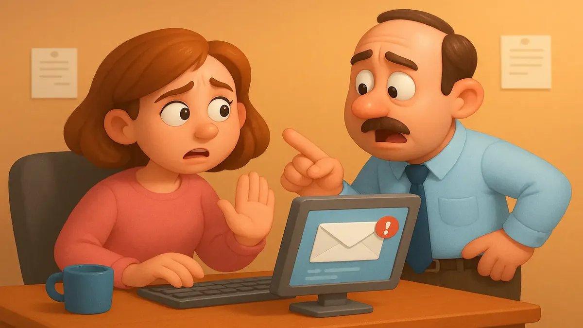 குழப்பத்தில் இருக்கும் ஊழியர்கள் மின்னஞ்சல் பணிகள் மற்றும் அனுமதிகளை கையாளும் 3D கார்டூன் படம்.