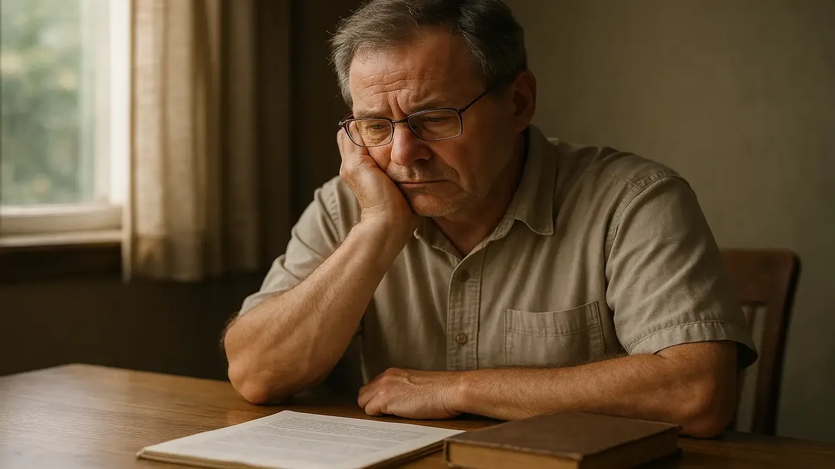A thoughtful teacher reflecting on retirement options, surrounded by classroom materials and books.