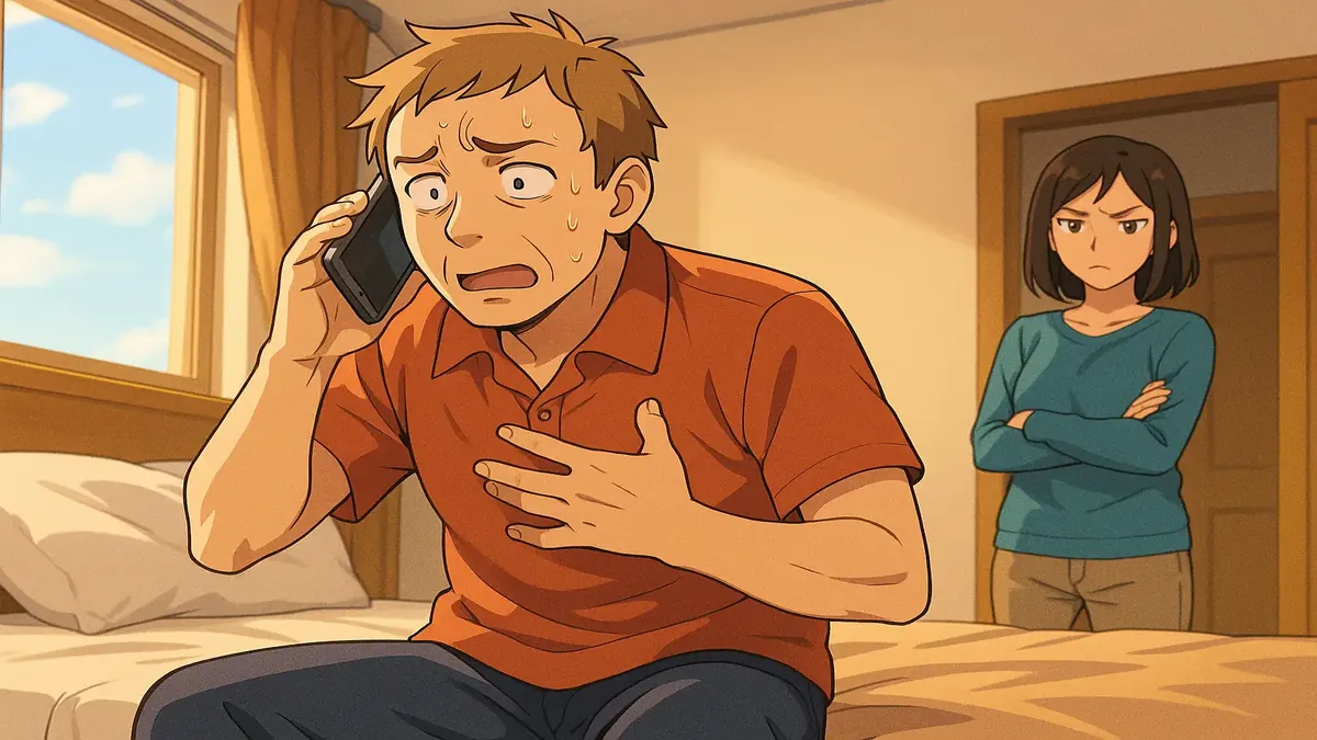 கேவின் என்ற clueless மன்னிப்பு குரு தனது துணையுடன் சந்திக்கின்ற சிரிக்க வைத்த தவறான புரிதல் உள்ள அனிமே இலஸ்ட்ரேஷன்.