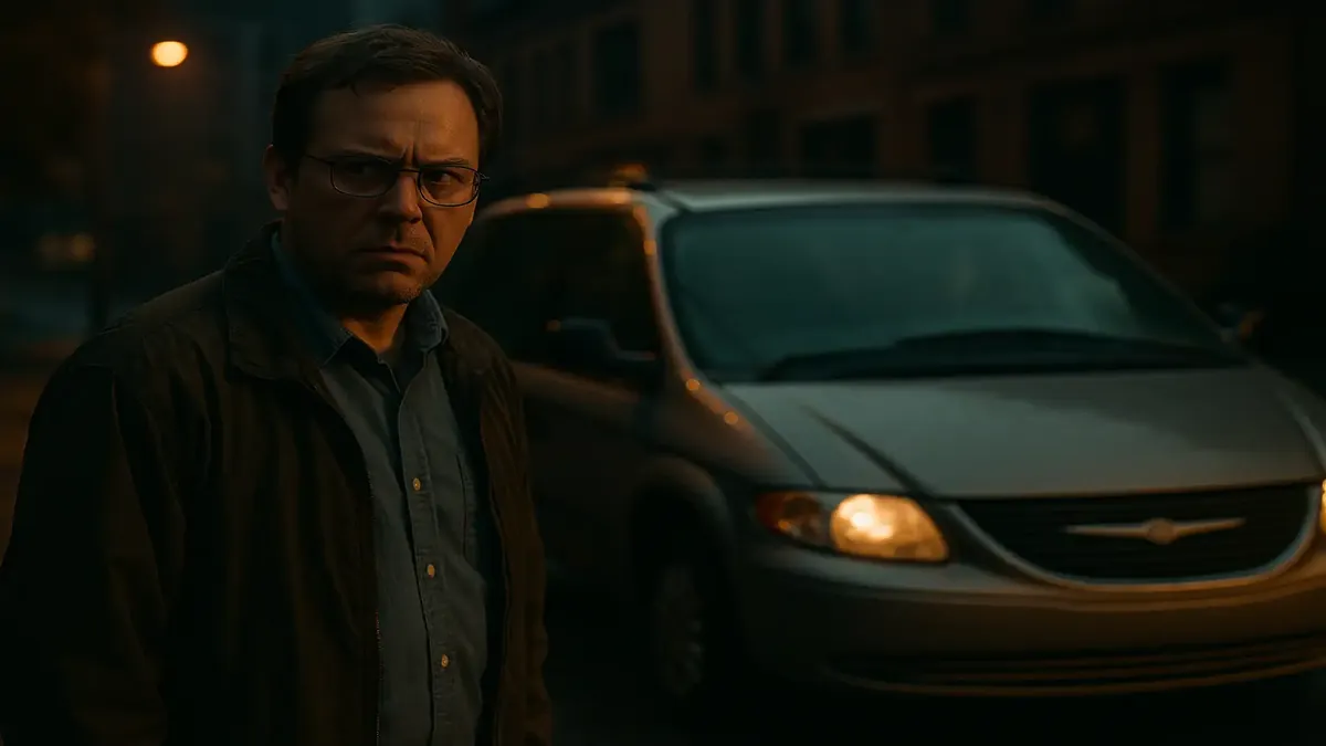 Chrysler Voyager van parked in an urban setting, symbolizing workplace dynamics and shared resources.