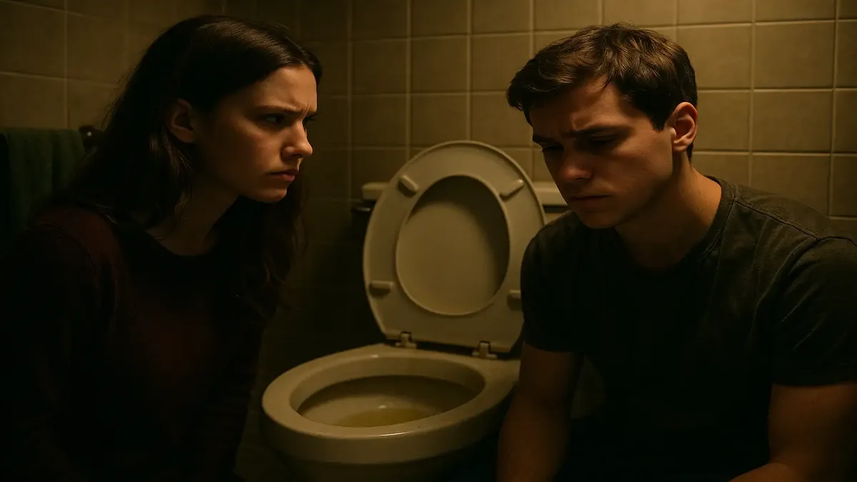 Cinematic scene of a messy bathroom with a toilet seat covered in urine, reflecting sibling frustrations.