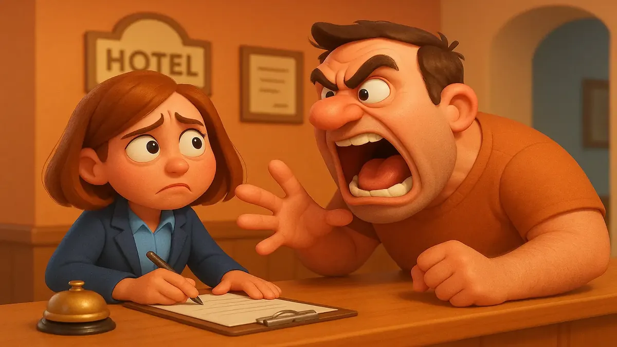 Cartoon-style 3D illustration of a frustrated desk clerk dealing with an angry customer at a hotel front desk.