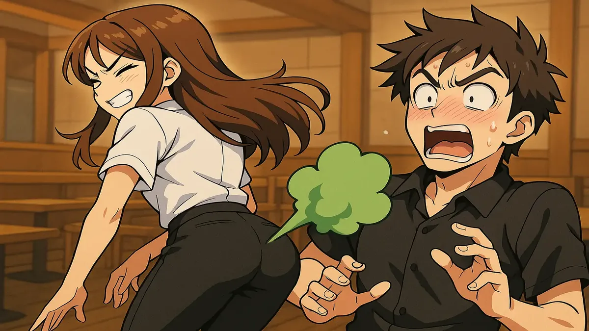 Anime illustration of a waitress playfully reacting to a humorous incident with a coworker at a restaurant.