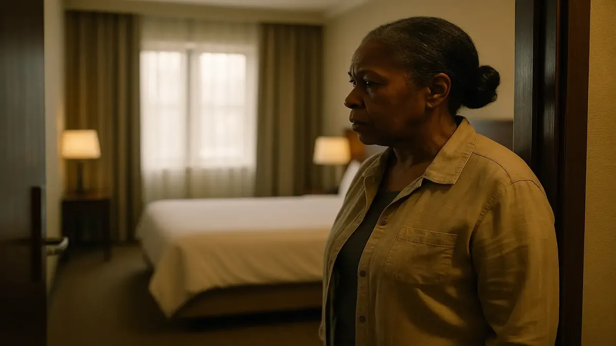 Mildred and her family exploring hotel rooms during their stay, showcasing warmth and hospitality.