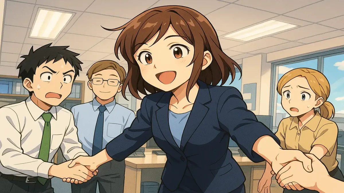 Anime-style illustration of a confident professional managing group sales and coordinating tasks with ease.