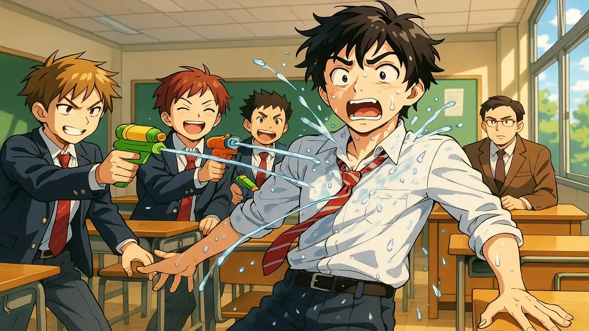 High school scene in anime style, depicting a student being soaked by water pistols in English class.