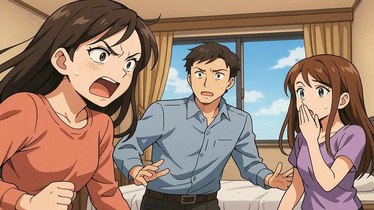 Anime illustration of a couple arguing at a hotel, capturing tension and drama from a real-life experience.