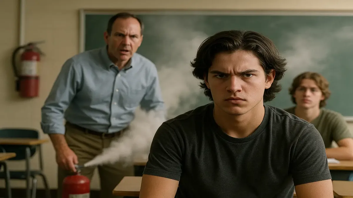High school classroom scene with a frustrated teacher and students, fire extinguisher venting in background.