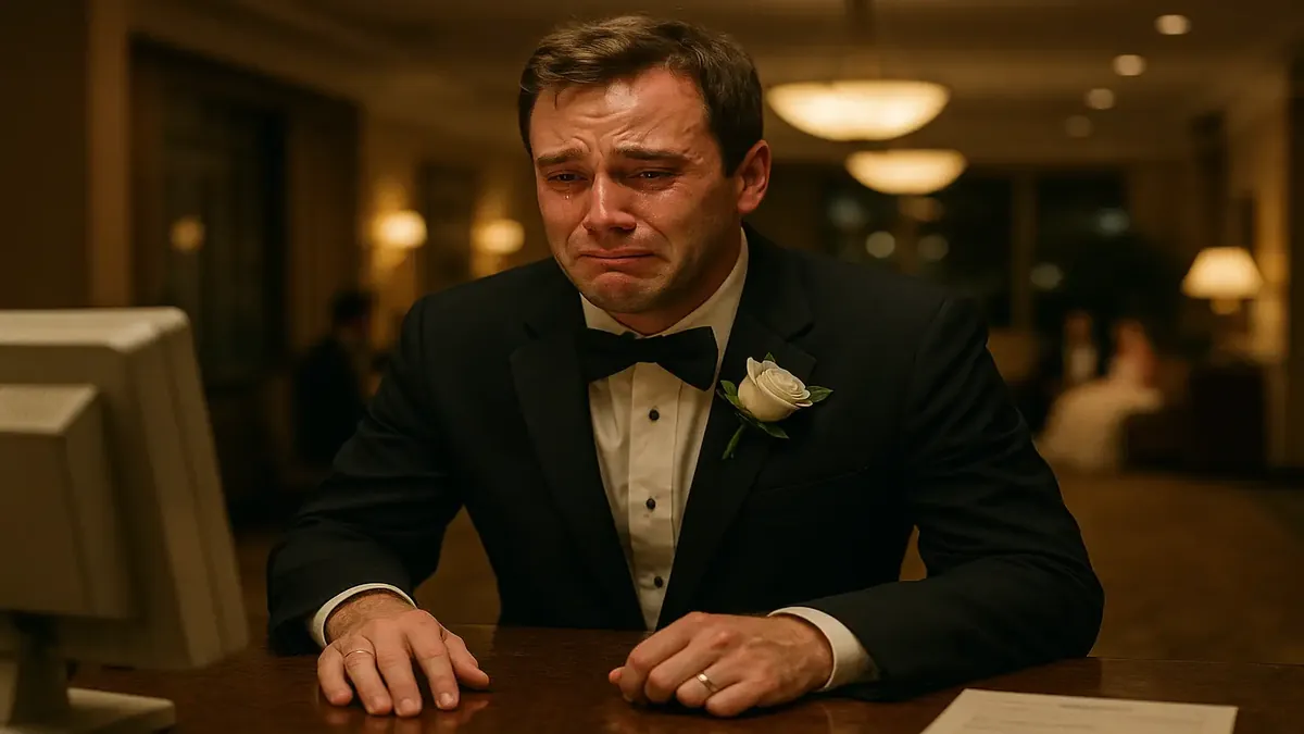 Groom in tears at hotel reception desk after being kicked out by bride, capturing a dramatic moment from 1999.