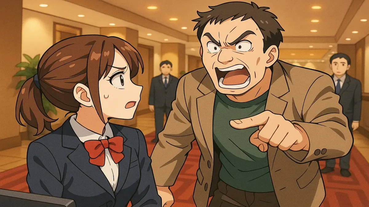 Anime-style illustration of entitled hotel guests arguing with staff over policies and amenities.