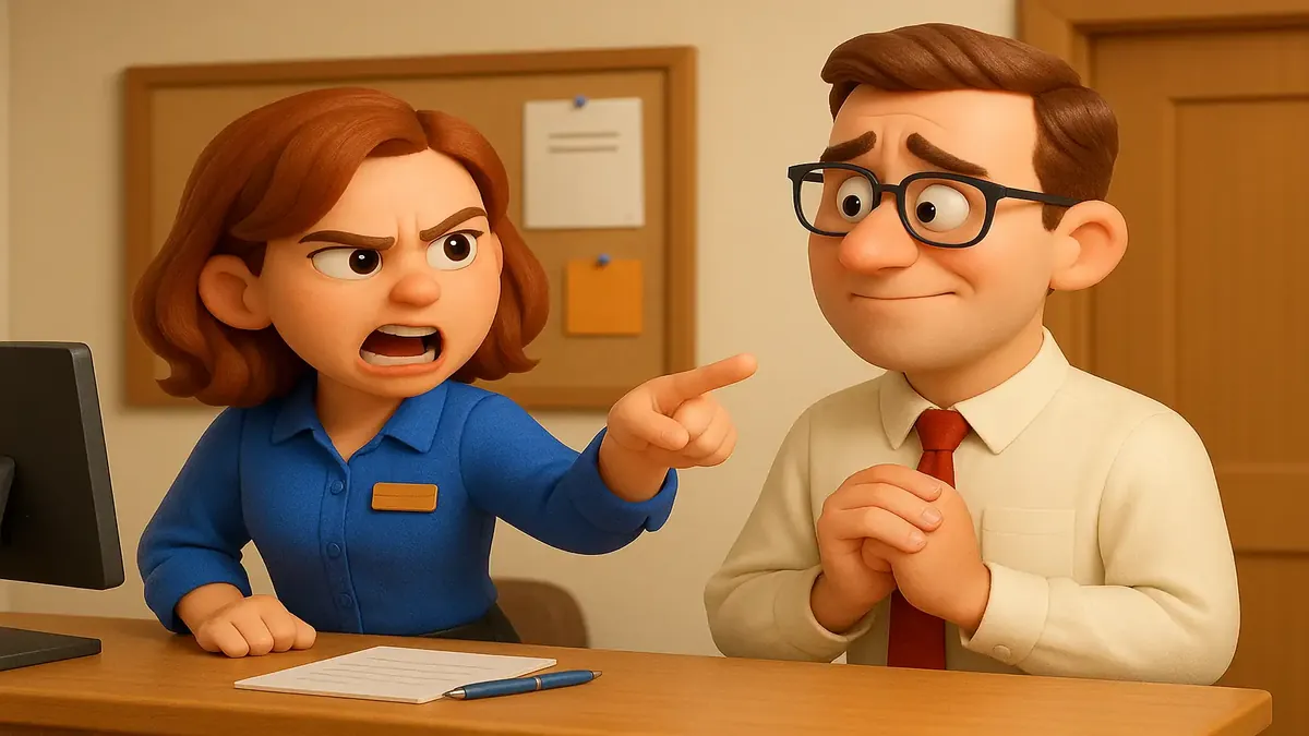 Cartoon 3D illustration of a luxury residential front desk with a hypocrite manager interacting with staff.