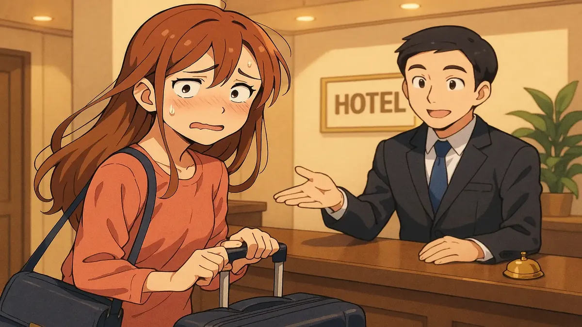 Anime illustration of a stressed hotel guest anxiously seeking an early check-in for a wedding stay.
