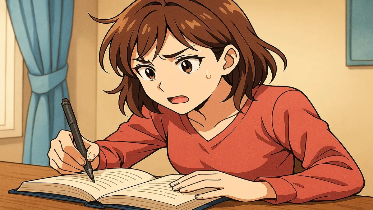 Anime-style illustration of a writer reflecting on their challenging step-family experiences for a book.
