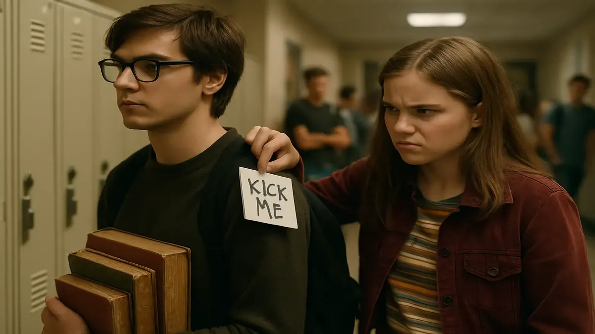 High school revenge scene with a geeky student standing confidently against jocks in a photorealistic style.