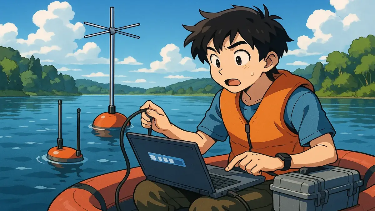 ஒரு ஏனிமேஷன் படம், குளத்தில் படகு ஏற்றிய ஒரு நபர், அருகில் அண்டென்னாக்கள் கொண்டு மீன் இயக்கத்தைக் களையுறுகிறான்.