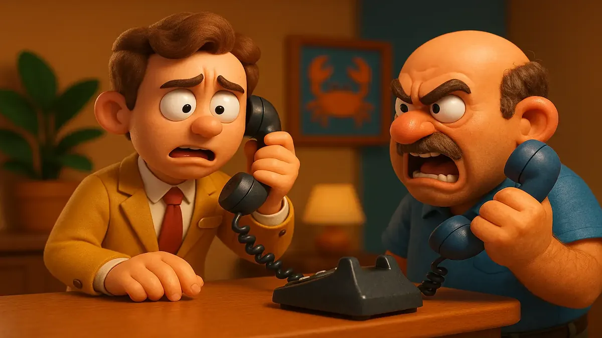 Cartoon 3D image of a frustrated man on the phone at a hotel reception, highlighting customer service issues.