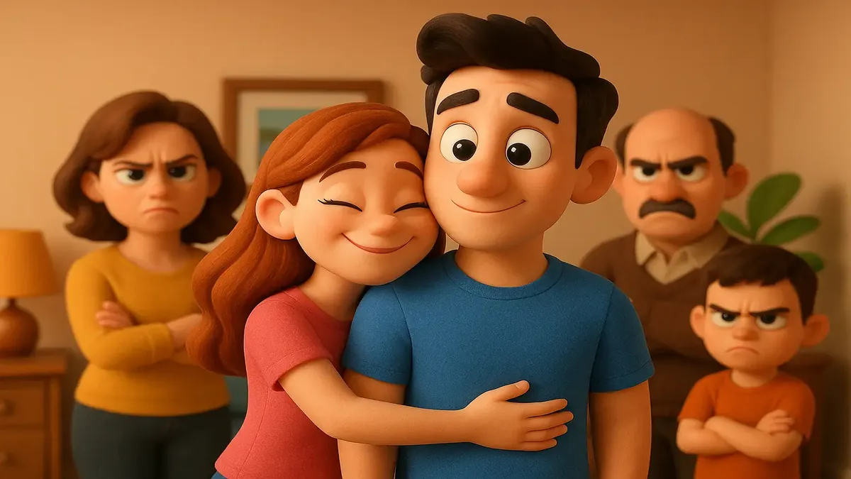 Cartoon-3D illustration of a young woman shielding her boyfriend from a judgmental family at home.