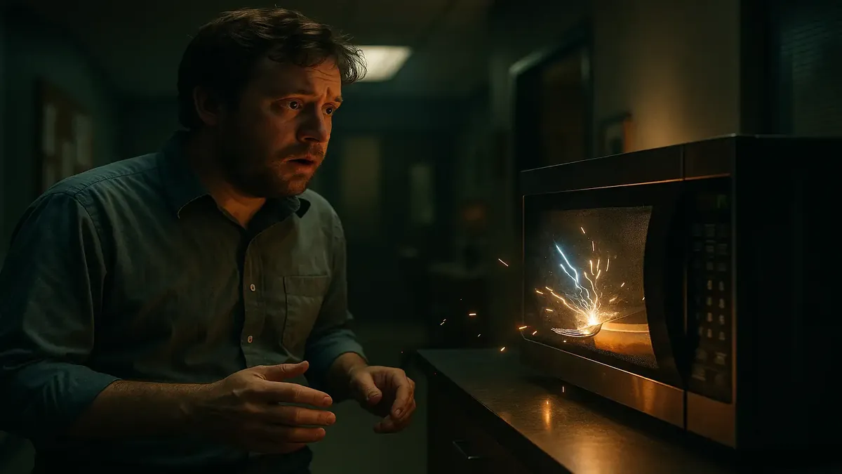 அலுவலகத்தில் பணியாளர்களின் சுற்றி ஒரு மாச்சிகரத்தில் வெள்ளை கம்பியை வைத்து சமைக்கும் போது ஆச்சரியமடைந்த மனிதன்.