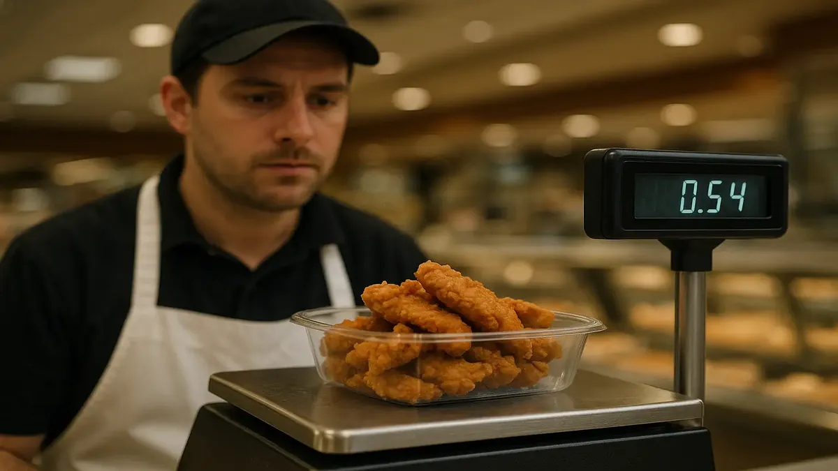 அங்காடியில் ஒரு வாடிக்கையாளருக்கு சிக்கன் டென்டர்ஸ் வழங்கும் நண்பனான டெலி ஊழியர்