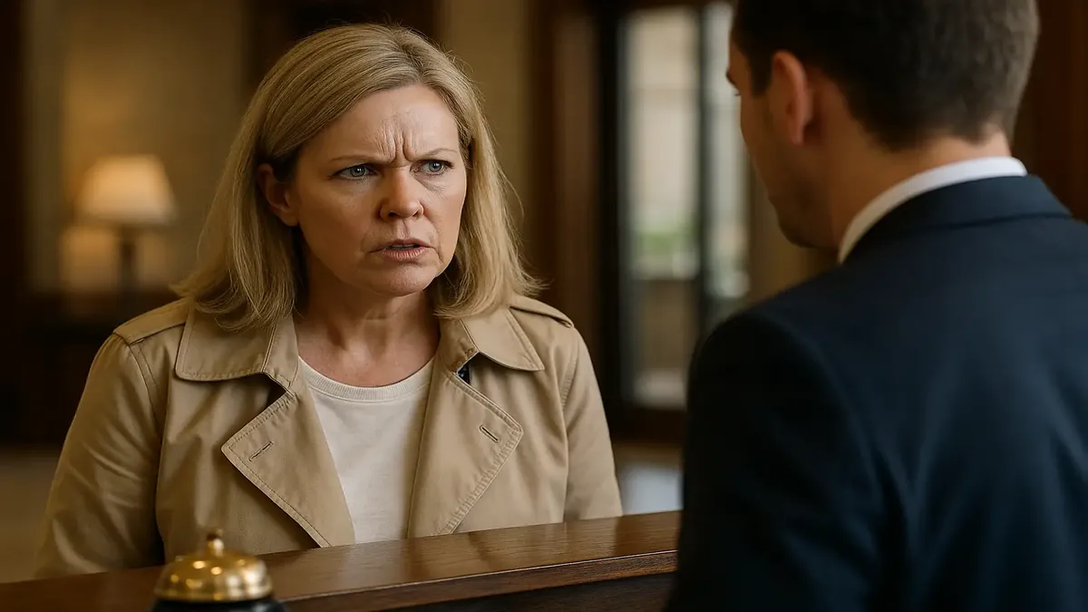 AGM Karen at hotel reception desk, sharing her experiences with guests and staff in a busy environment.