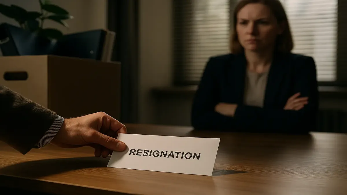 Employee resigning in a toxic workplace environment with a disheartened expression, reflecting stress and tension.