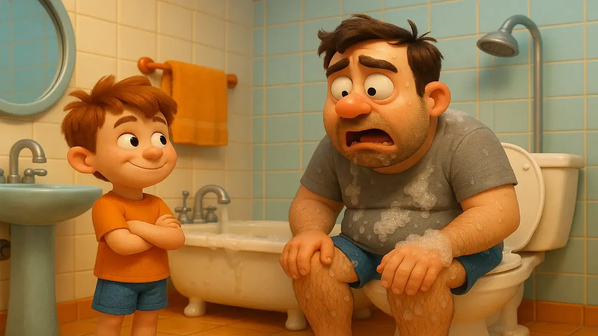 Cartoon-style illustration of a messy bathroom with hair, stains, and cleaning supplies, highlighting frustration.